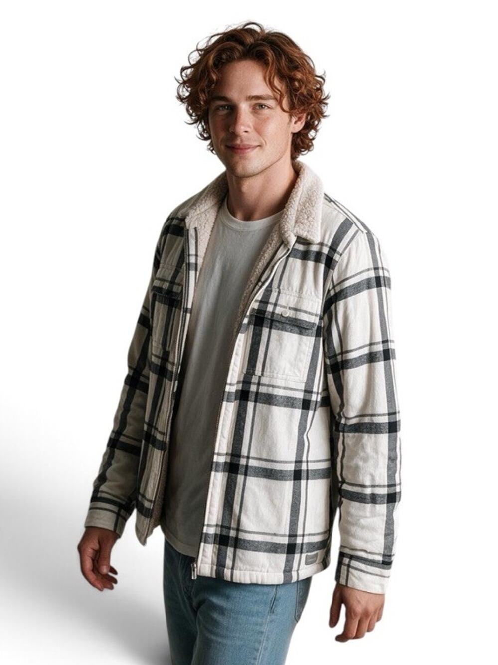 Hollister Jacket Mens LARGE Beige BluBlk Sherpa Lined Plaid Shirt Flannel Casual
